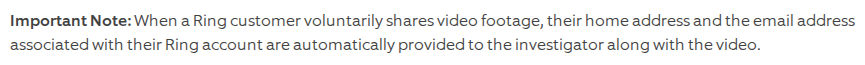 Screenshot of Ring's own help article stating that when a customer voluntarily shares video footage, their home address and the email address associated with their Ring account are automatically provided to the investigator along with the video.