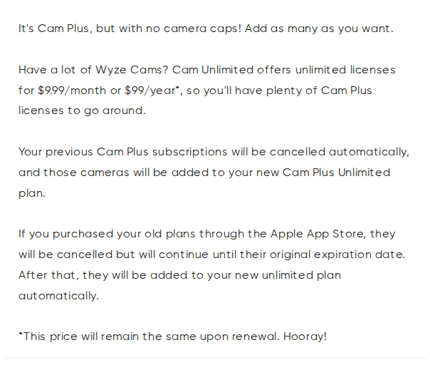 Screenshot of wyze.com's Cam Plus product page reading “Cam Unlimited offers unlimited licenses for $9.99/month or $99/year”.