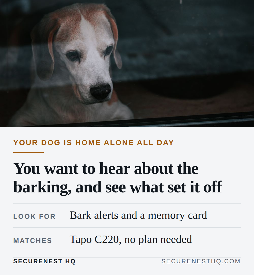A melancholic beagle gazes out a window, capturing a moment of solitude and longing. Overlaid text reads “Your dog is home alone all day. You want to hear about the barking, and see what set it off. Look for: Bark alerts and a memory card. Matches: Tapo C220, no plan needed.” — Secure Nest HQ