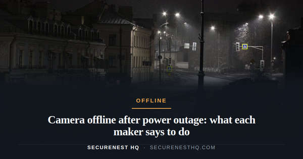 Dimly lit city street at night with rain, showcasing wet pavement and streetlights. Overlaid text reads “Camera offline after power outage: what each maker says to do” — Secure Nest HQ