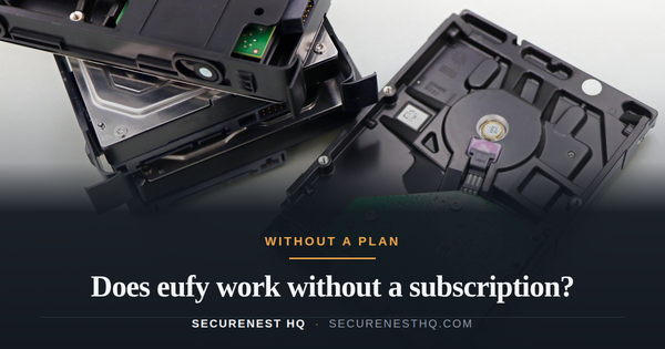 A collection of dismantled hard disk drives displayed on a white surface, showcasing internal components. Overlaid text reads “Does eufy work without a subscription?” — Secure Nest HQ