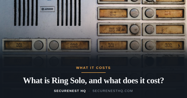 Close-up of an old, worn-out apartment intercom panel with buttons and numbers. Overlaid text reads “What is Ring Solo, and what does it cost?” — Secure Nest HQ