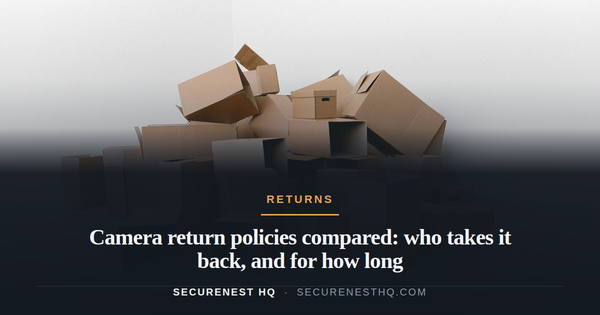 Pile of cardboard containers prepared for relocation on floor at home in daylight on white background. Overlaid text reads “Camera return policies compared: who takes it back, and for how lon