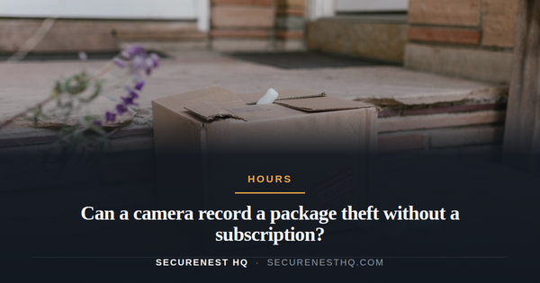 Damaged cardboard package with fragile sticker on porch steps with foam peanuts. Overlaid text reads “Can a camera record a package theft without a subscription?” — Secure Nest HQ