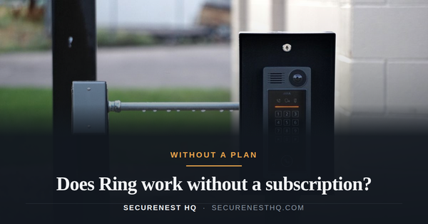 Outdoor intercom mounted at a residential building entrance, ensuring security and communication. Overlaid text reads “Does Ring work without a subscription?” — Secure Nest HQ