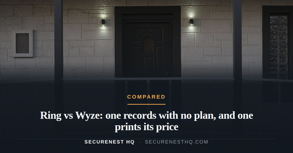 Front view of a modern house entrance featuring white railing and dark door, perfect for architectural studies. Overlaid text reads “Ring vs Wyze: one records with no plan, and one prints its