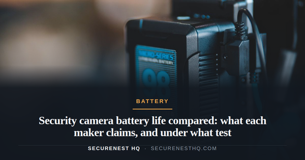 Close-up of a high-capacity portable battery with digital display showing 98 percent charge. Overlaid text reads “Security camera battery life compared: what each maker claims, and under what