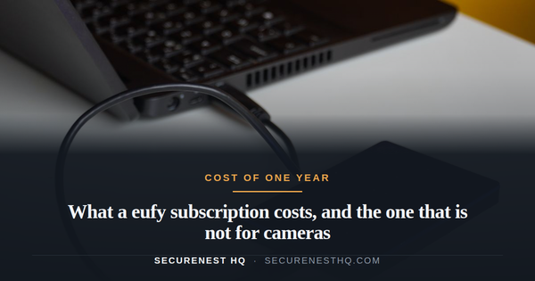 External hard drive connected to a laptop, showcasing portable storage solution. Overlaid text reads “What a eufy subscription costs, and the one that is not for cameras” — Secure Nest HQ
