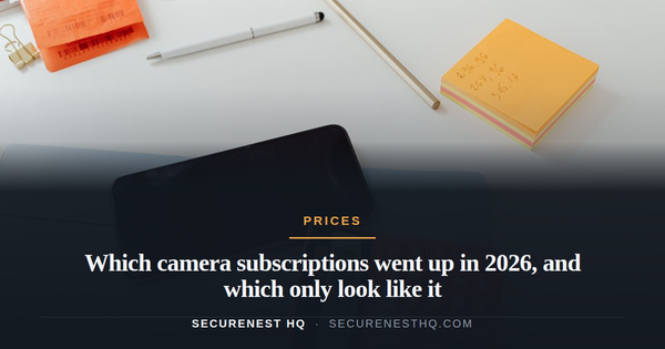 An organized office desk featuring a calculator, smartphone, and sticky notes on a white surface. Overlaid text reads “Which camera subscriptions went up in 2026, and which only look like it”