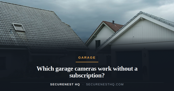 Lovely suburban houses with blue garage doors under cloudy sky, surrounded by greenery. Overlaid text reads “Which garage cameras work without a subscription?” — Secure Nest HQ