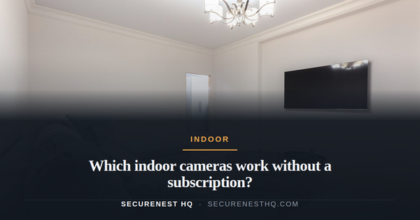 Contemporary room interior with couch and TV with black screen against tables under shiny chandelier in house. Overlaid text reads “Which indoor cameras work without a subscription?” — Secure
